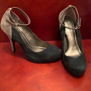 Navy Blue and Grey Suede Heels